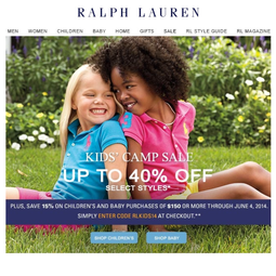 Ralph Lauren дополнительная скидка в размере 15% на скидочный товар в детской группе.