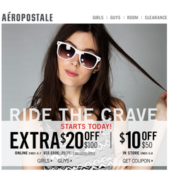 Скидки на сайте Aeropostale -20% от 100 долларов